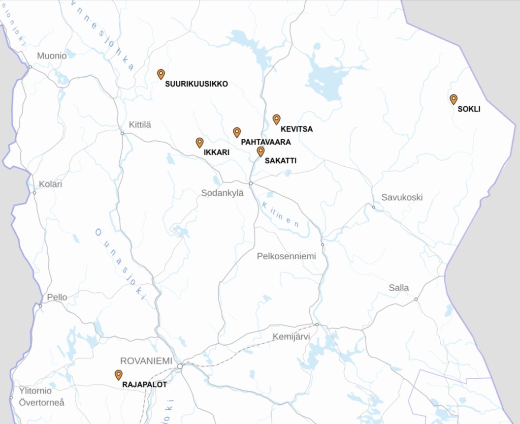 Map of Tailinger project sites in Finnish Lapland: Suurikuusikko, Kevitsa, Pahtavaara, Ikkari, Sakatti, Sokli and Rajapalot