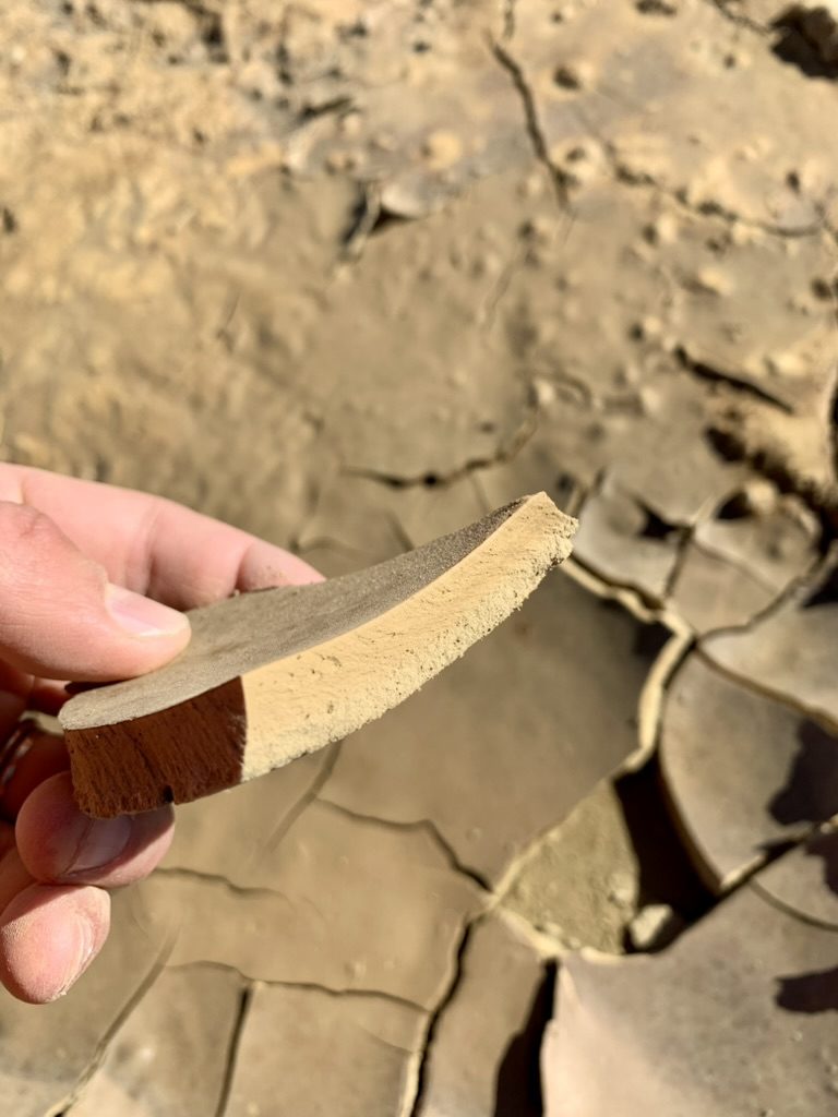 Close-up of dried, cracked fine tailings and a layered sample held in hand